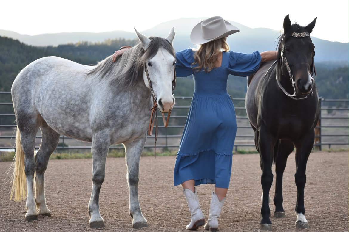 A woman in a blue dress standing between a grey horse and a black horse, her back to the camera.